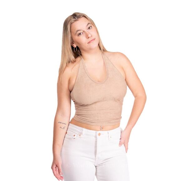 Vintage Tops - Vintage 90s Tan Backless Halter Top